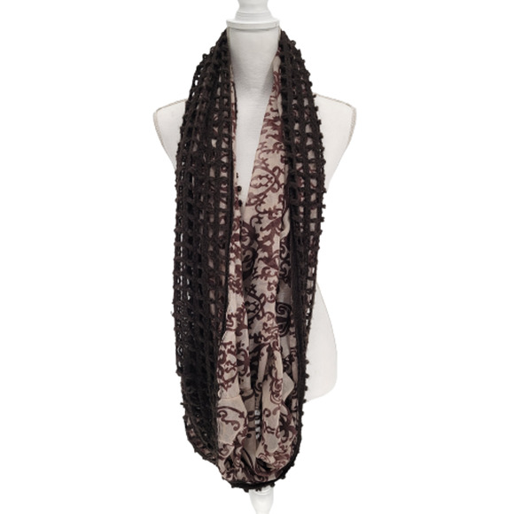 Steve Madden Infinity Scarf Lined Window Pane Crochet Brown - Picture 2 of 4